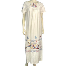 Vtg Mexican Folk Art Caftan Maxi Gown Muslin Peasant Embroidery Boho Hippie