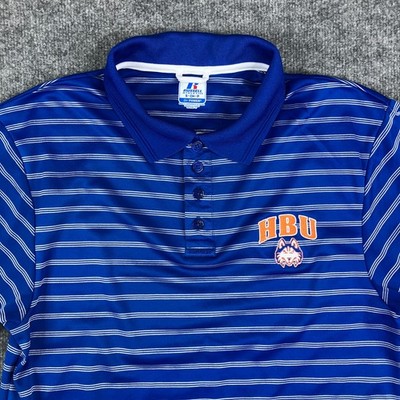  Russell Athletic Polo Mens S Blue Striped HBU Logo Short Sleeve Dri-Power Golf