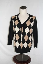 TALBOTS Women's V-Neck Large Black Argyle Preppy Academic Merino Wool Sweater