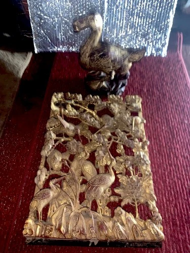 Vintage Chinese Gold Gilt Crane Panel And Golden Duck 