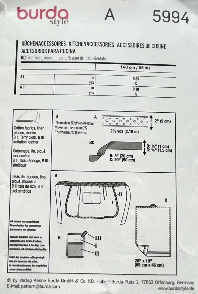 burda style - Pattern 5994 - Kitchen Essentials - Apron, Potholder, Towel - Image 2 of 2