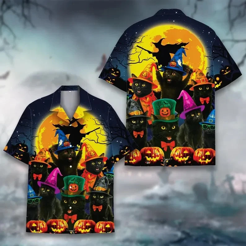 Halloween Hawaiian Shirt with Black Cat