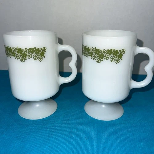 Vintage Pyrex Pedestal Mugs Featuring The Crazy Daisy Pattern Set of 2