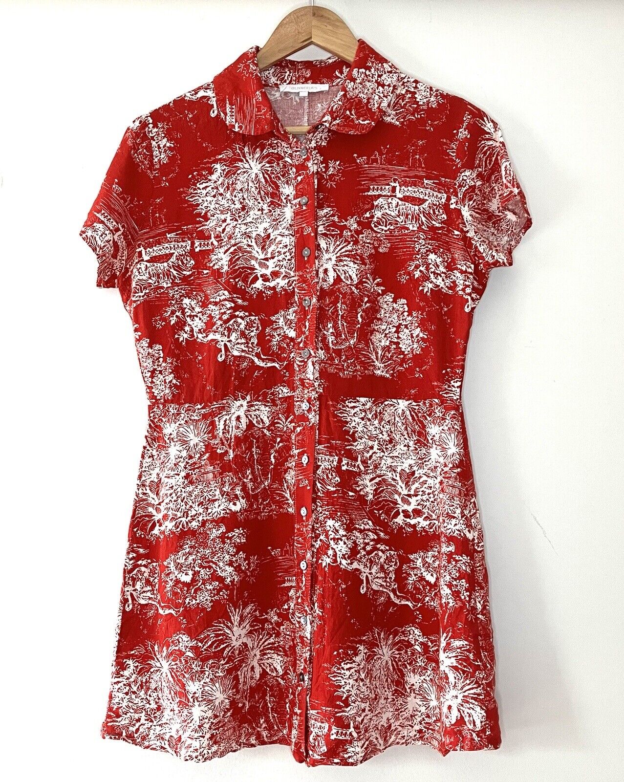 Olivaceous Dress Women’s L Red White Linen Blend Print Button Down Casual Short