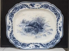 LARGE Antique Flow Blue China Royal Cauldon Thanksgiving Turkey Meat Platter