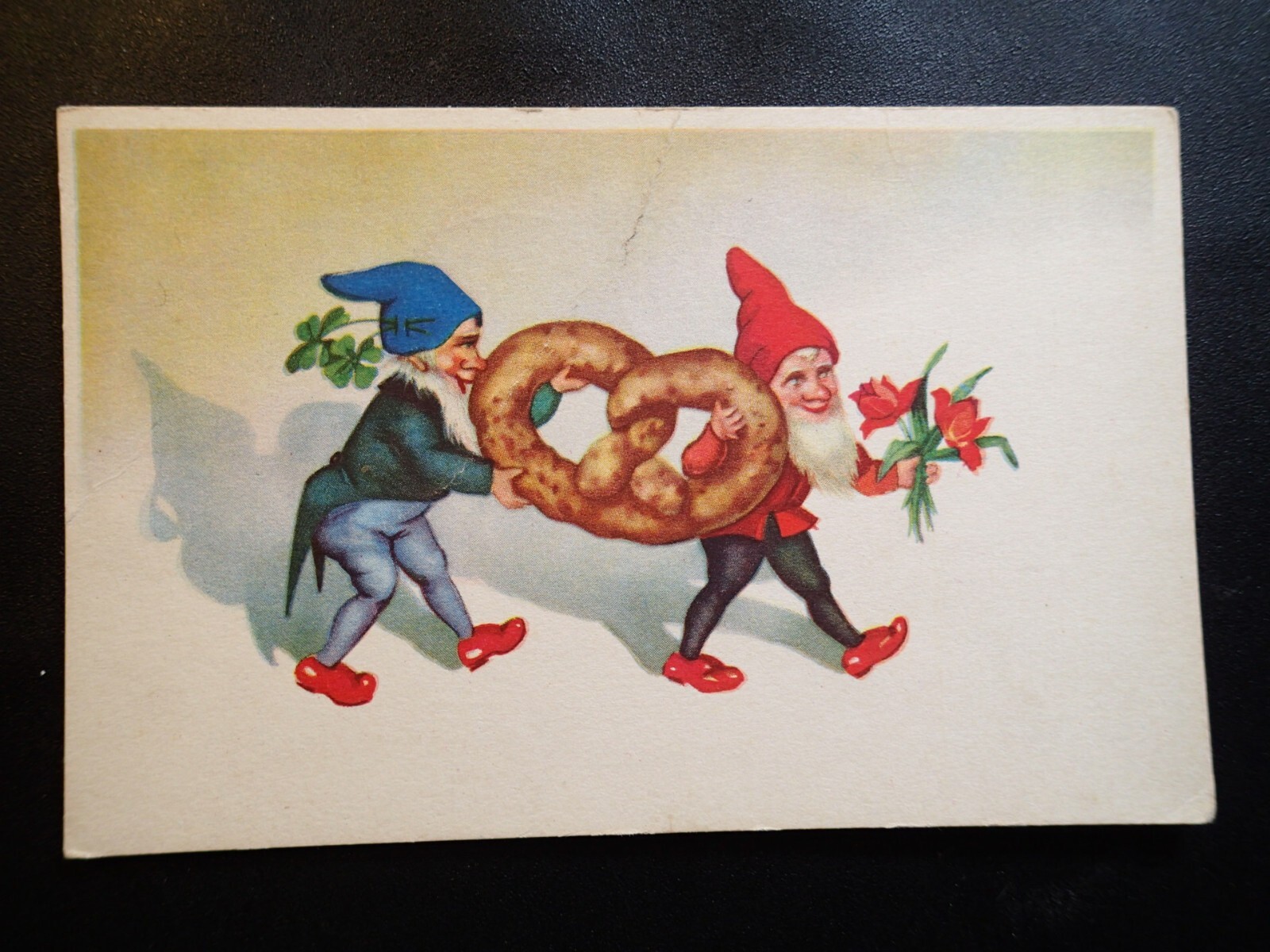 1940 GNOMES w CAKE VINTAGE CHRISTMAS POSTCARD ESTONIA ESTONIAN