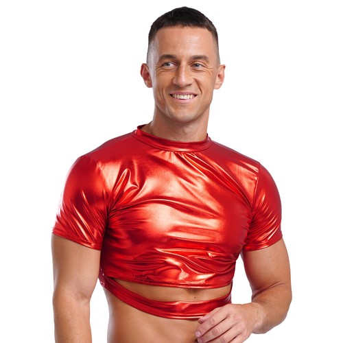Mens Crop Top Stage Performance Tank Disco T-Shirt Short Sleeve Clubwear Basic - Picture 33 of 66