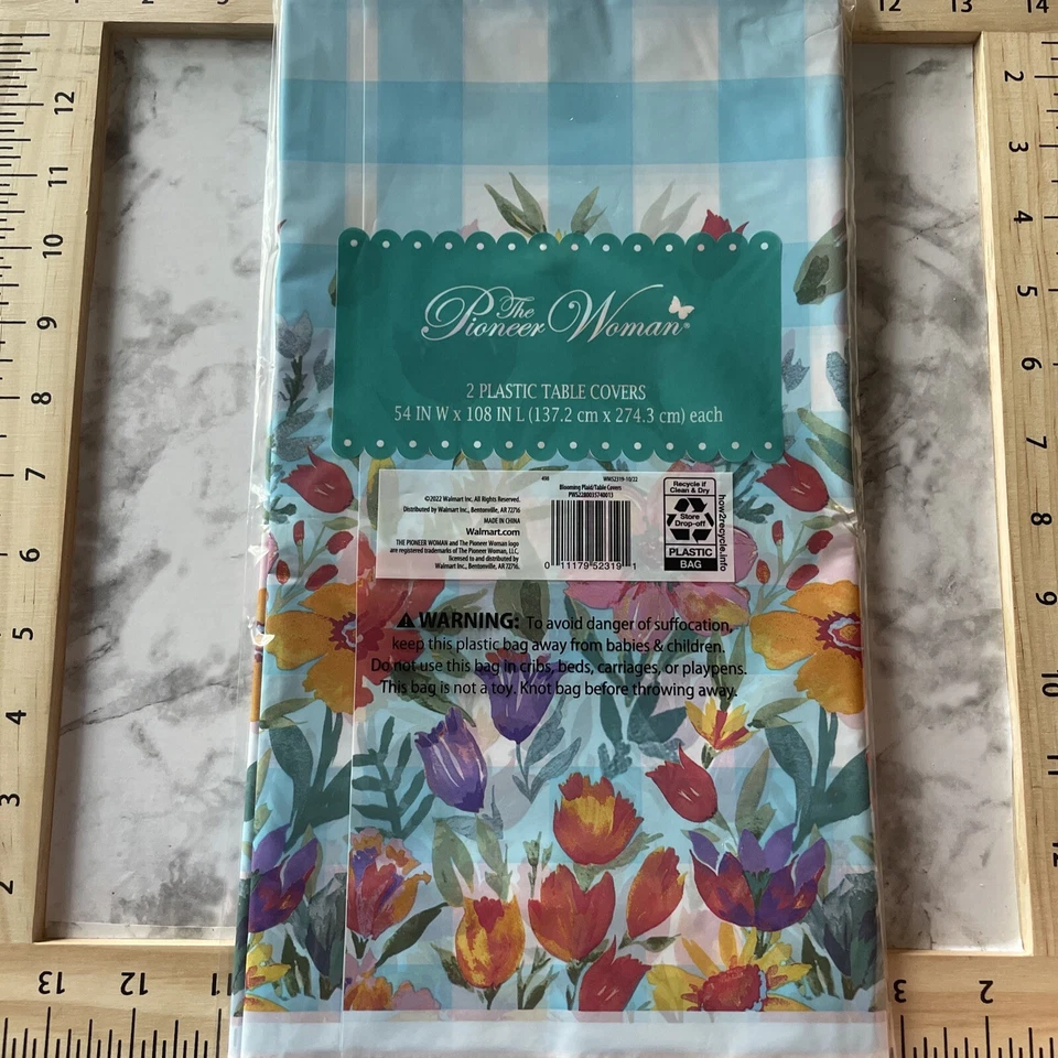 The Pioneer Woman Blooming Plaid Plastic Table Cloths Covers 54 in x108 in BULK - Image 2 of 3