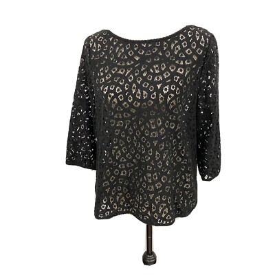 Ann Taylor Loft Black Blouse Lace Top size LP Long leeves