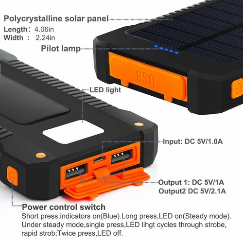 For Smartphone with LED Light Solar Power Bank Waterproof 20000mAh Charger 2 USB - 第 3/17 張圖片