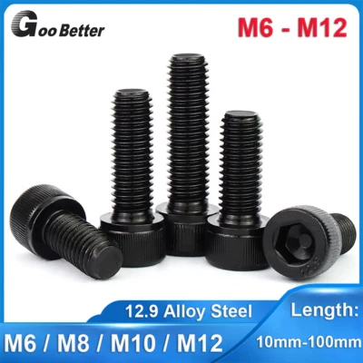 GOOBETTER M6 M8 M10 M12 Fine Thread Socket Cap Head Bolts 12.9 Steel Black Allen Screws