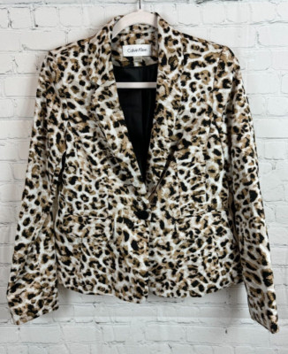 CALVIN KLEIN beige black animal leopard classic career blazer jacket 8P NWOT