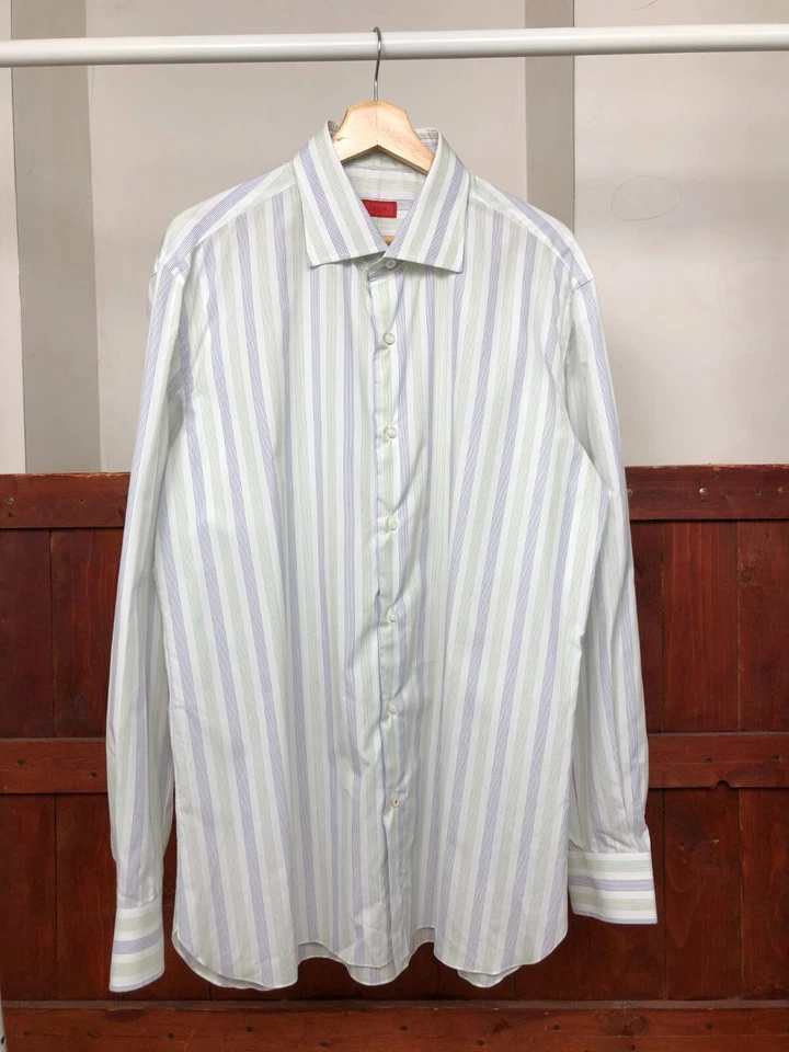 ISAIA Napoli Hombre Camisa Abotonada Vestido Rayas Talla 17/43 Lujo Moda XL  Foto 2 de 4
