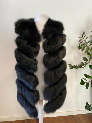 Damen Fox Fur Fellweste Fuchspelz Jacke Weste lange Pelzweste Echtpelz  schwarz