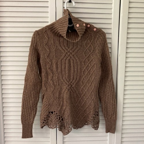 Women's Anthropologie Moth Brown Wool Woven and Crochet Turtle Neck Sweater, S