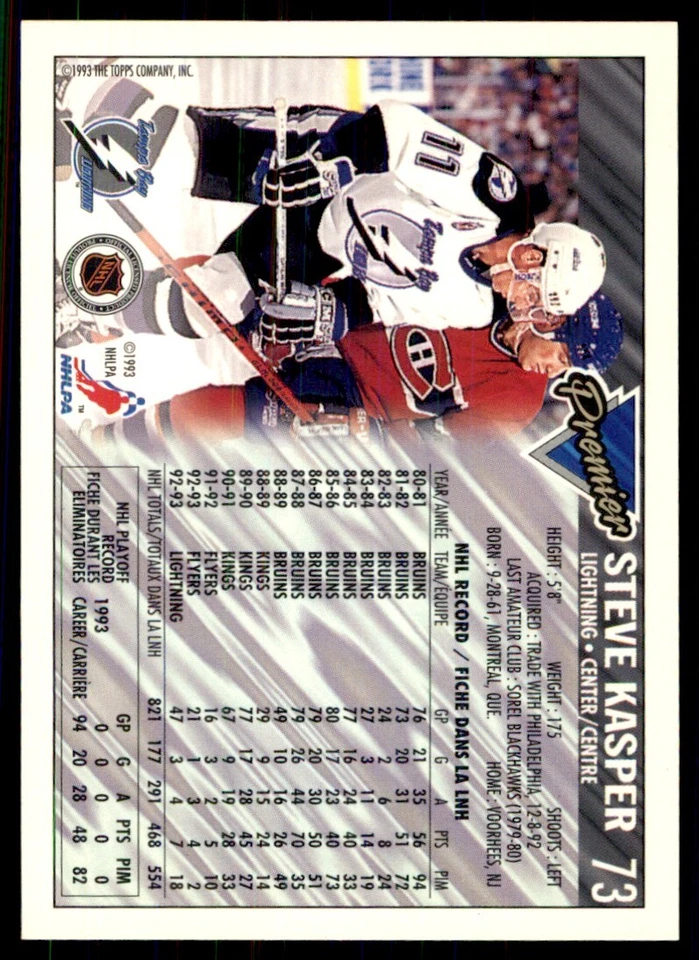 1993-94 Topps Premier Gold Steve Kasper Tampa Bay Lightning #73 - Image 2 of 2