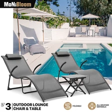 3 Pcs [ZERO GRAVITY CHAIR+PATIO TABLE SET] Beach Chaise Lounge Chair w/Headrest