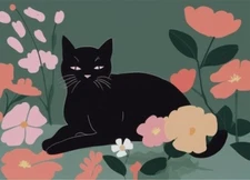 ACEO Mini **Art Print** Black Cat Kitten & Pink Flowers by Saulite