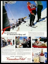 1953 St Moritz Switzerland skiing ski racing photo Canadian Club whisky print ad