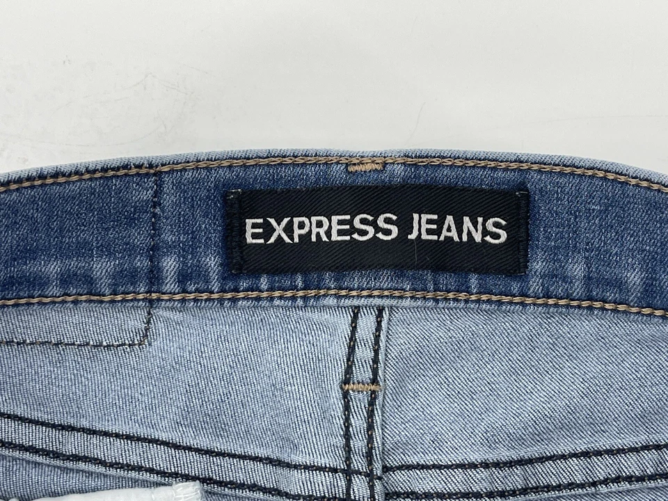 "Pantalones cortos de jean Express Cut Off elásticos para mujer talla 0 azul denim tiro bajo cintura de 26""" Foto 2 de 4