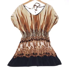 Win Win Blouse Boho Peasant Tunic S/M Brown Smocked Waist Tie Back Cottagecore