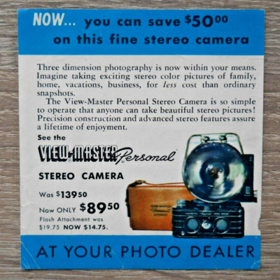 VINTAGE SAWYER'S VIEWMASTER PERSÖNLICHE STEREOKAMERA WERBEBLATT 1950ER USA O553