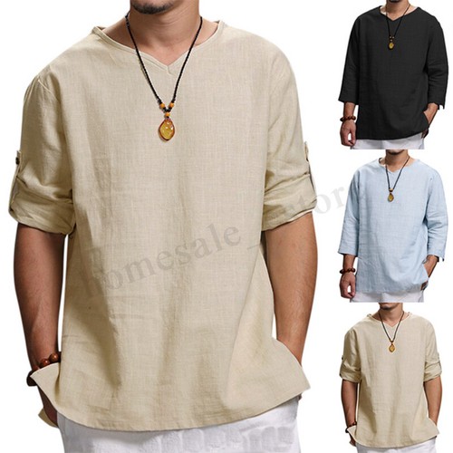 Men Vintage Solid Loose T-shirt 3/4 