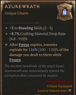  DIABLO 4 SEASON 13 Unique Charm Azurewrath Brawling Skill + Mats + 116%