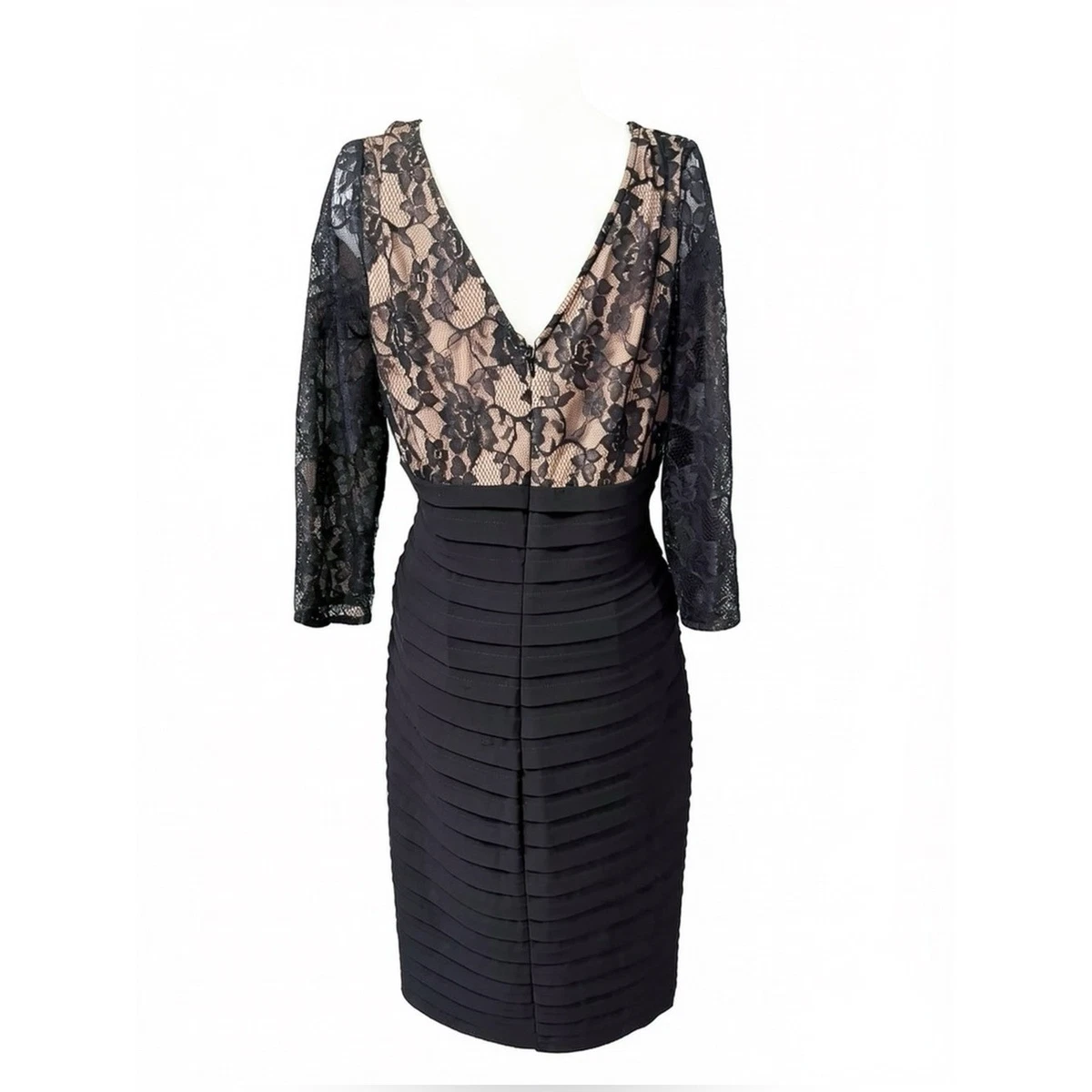 Vestido Adrianna Papell Negro Encaje Obturador Plisado 14 Hoco Nuevo Sin Etiquetas