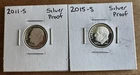 2011-S & 2015- S  90% Silver Roosevelt Dime Deep Cameo Mirror Proof