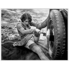 Flapper Changing a Tire - 1920s Classic Car Pinup Girl Print - Woman Mechanic