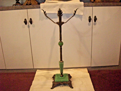 ANTIQUE VINTAGE ART DECO FISH BOWL STAND CAST IRON & GREEN HOUZE GLASS & BRASS 