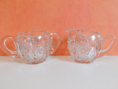 Vintage Star of David Etched Cut Glass Two Handled Sugar Bowl and Creamer Set