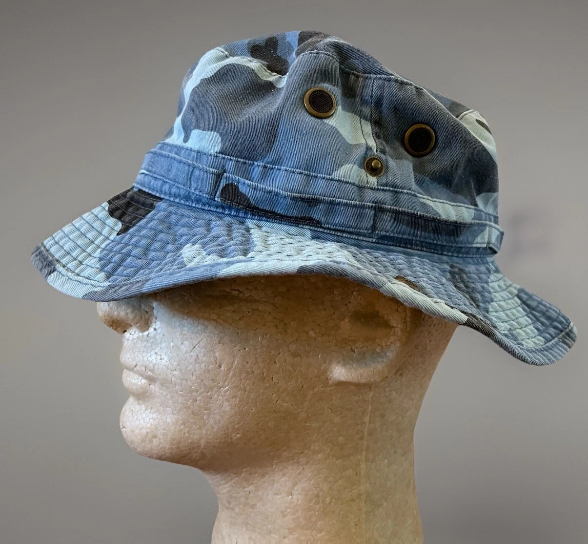 NEWHATTAN Blue Camo Bucket Hat L/XL Boonie Sun Hiking Fishing Cotton Blend