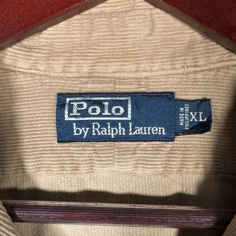 Camisa Polo Ralph Lauren Para Hombres XL Tostada Pana Botón Frontal Cuello Lazo De Colección Foto 3 de 4
