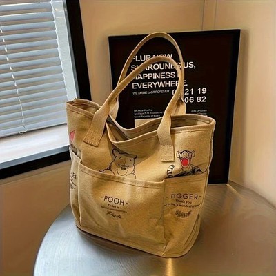 Winnie the Pooh Printed Canvas Tote Bag Retro Shoulder Bag Large Capacity Multi