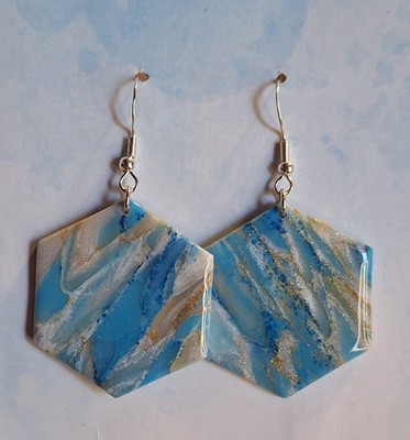 Handgefertigte Ohrringe, Sterlingsilber 925 Und Fimo, Blau Marble-look, Schmuck