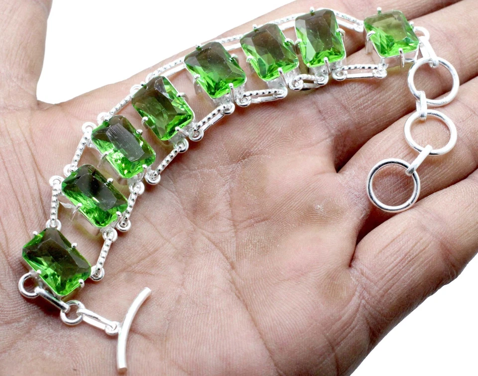 Green Peridot Gemstone Handmade 925 Sterling Silver Jewelry Bracelet Size-7-8" - Image 2 of 2