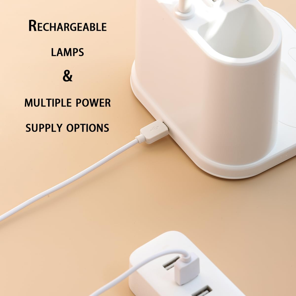 Desk Lamp Battery Operated, with Pen Holder, USB Charging Port, Phone