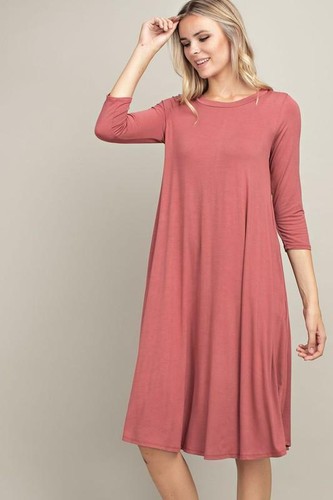 Bamboo Fabric Midi Dress with 3/4 Sleeves and Pockets in Marsala - Picture 2 of 5