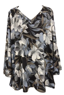 DRESSING GAUDY Top MEDIUM Floral SPANDEX 3/4 Sleeve BLOUSE Black Blue White