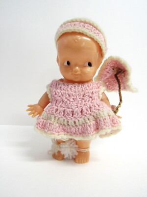 Vintage Irwin Kewpie Talcum Doll Hard Plastic - Original Knit Outfit 1950s - GUC