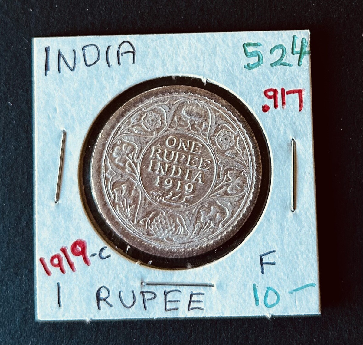銀貨　インド　1919年　ジョージVキングエンペラー　1ルピー 1919 Rare 1 Rupee British-India King George V Coin KM#524 Silver