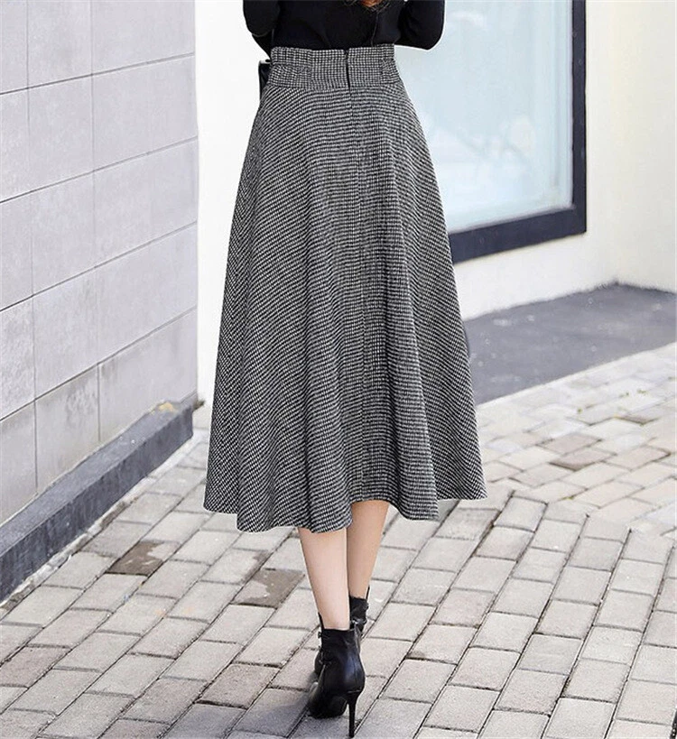 Womens Wool Blend High Elastic A Line Slim Fit Mid Length Plaid