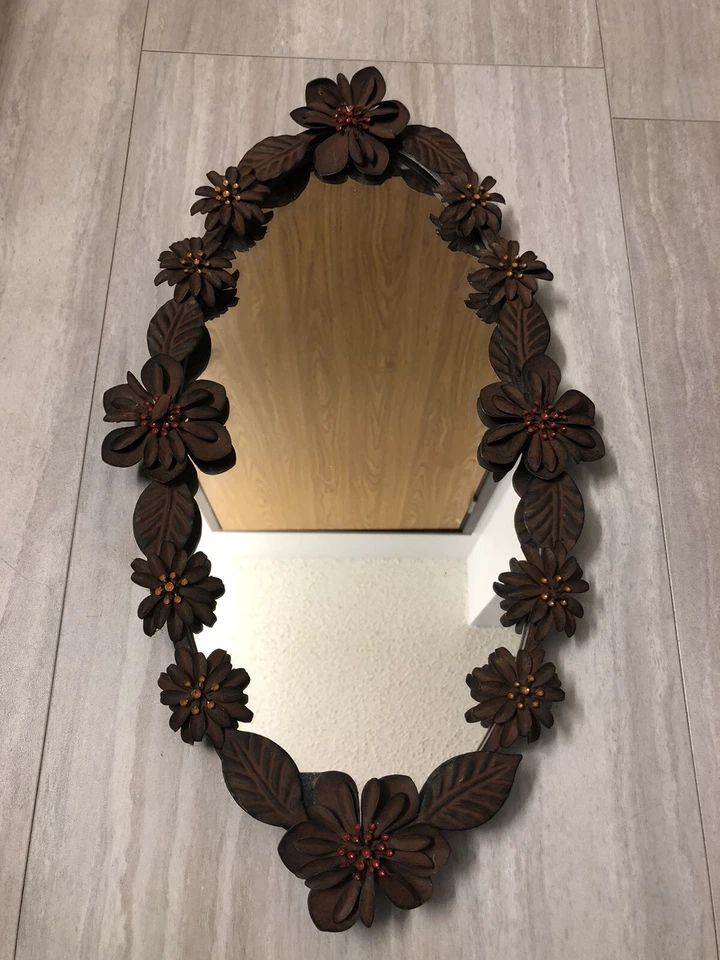 Pier 1 Metal Oval Wall Mirror Tray Flowers and Leaves Rustic/Primitive 10x18” - Image 2 of 4