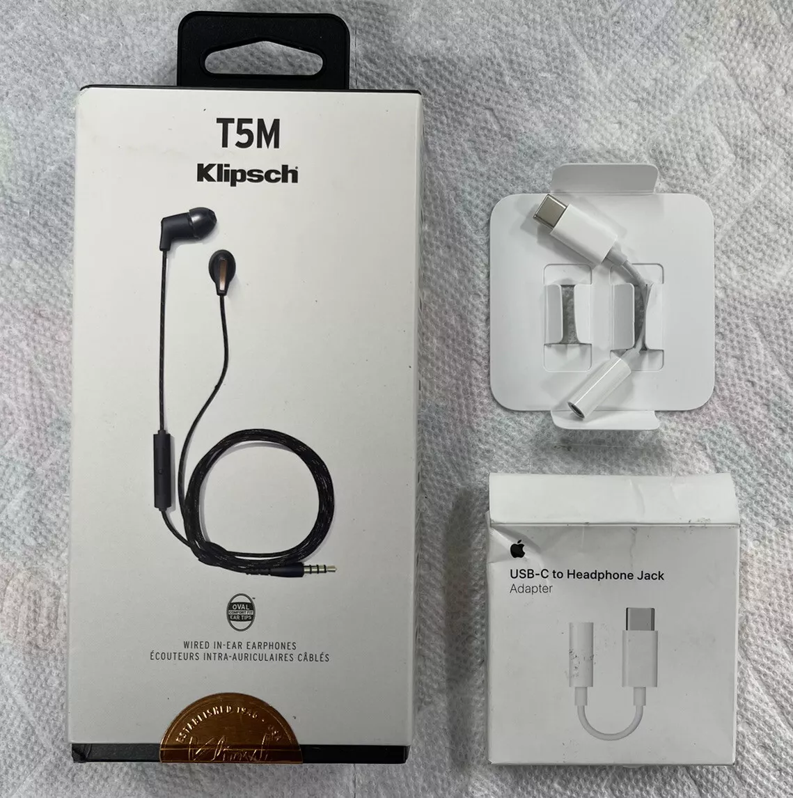 Klipsch T5M Wired In ear headphones remote mic Black Apple Type C Adapter