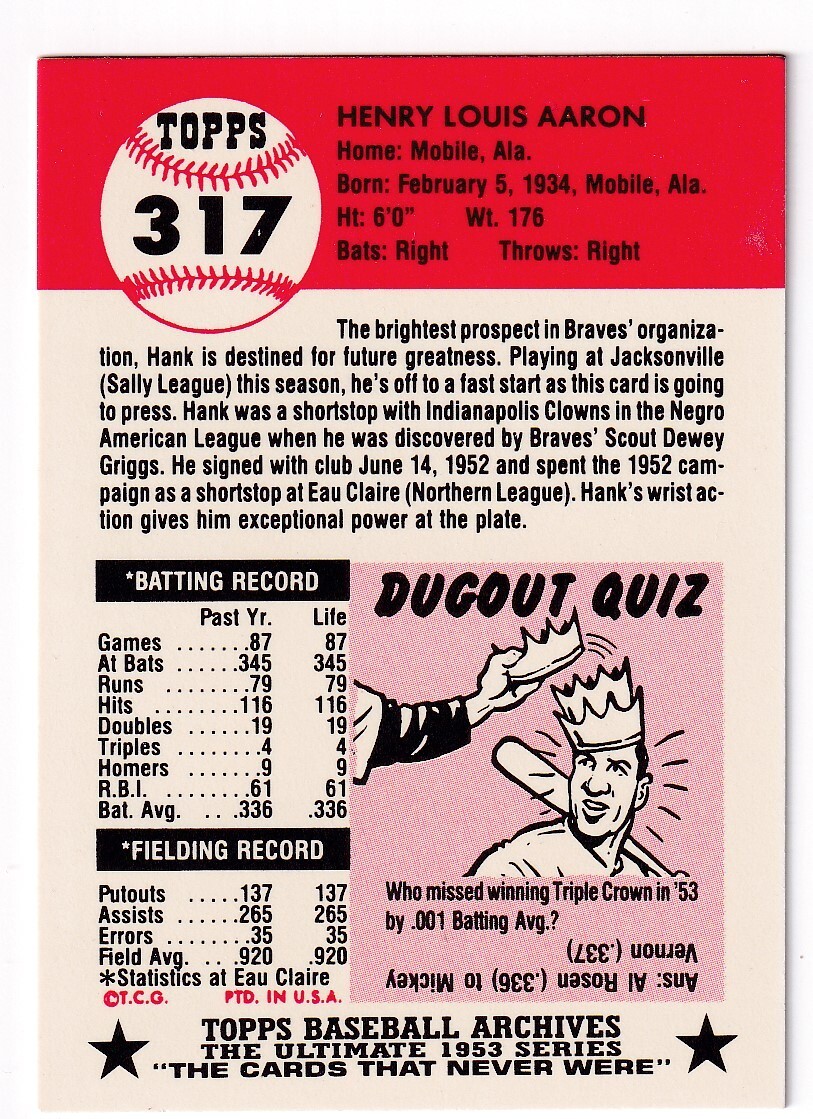 Hank Aaron Topps Archive Card Reprint of 1953 Card # 317 | eBay