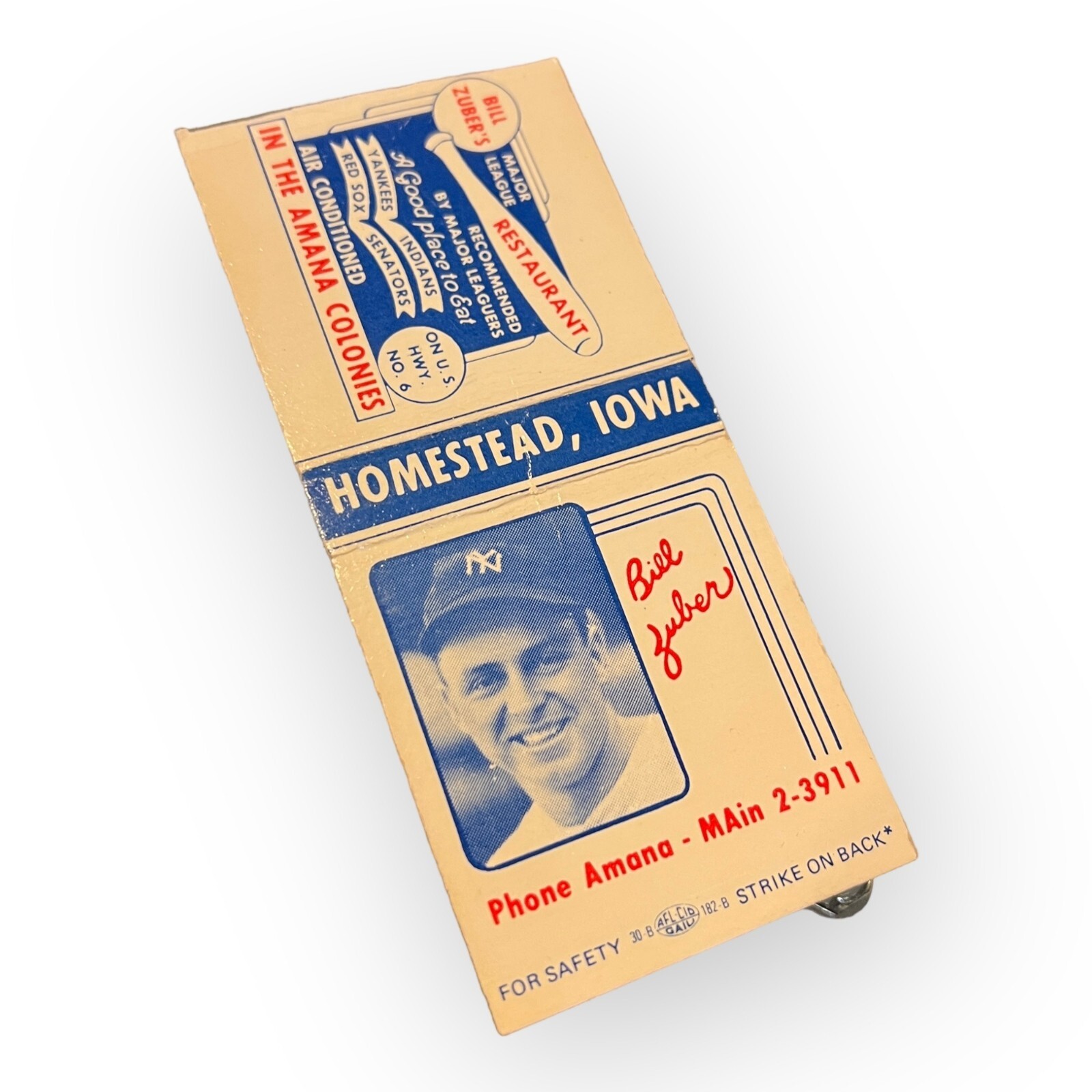 Vintage Bill Zuber Restaurant MLB Baseball Homestead Iowa Advertising