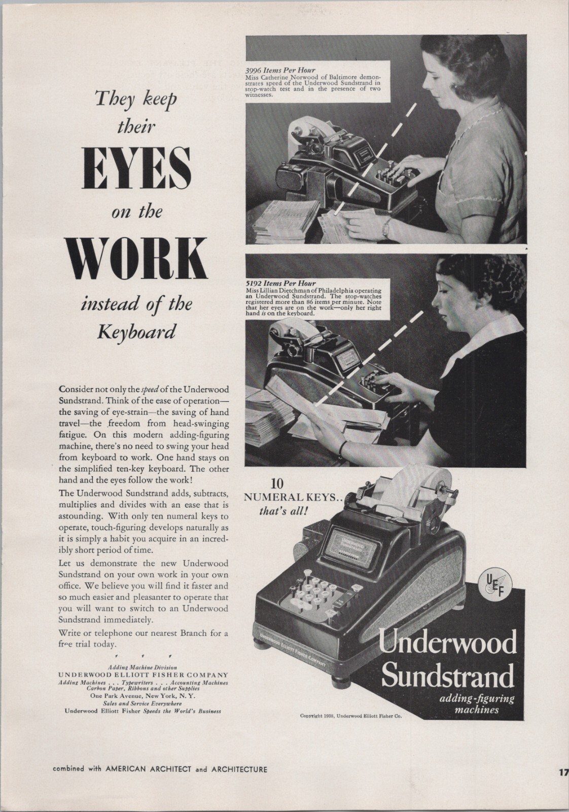 1938 Print Ad * Underwood Elliott Fisher Underwood Sundstrand Adding ...