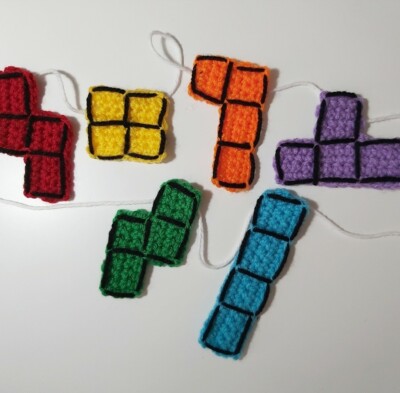 Tetris Brick Gaming Geek Kawaii Retro Wimpel Girlande gehäkelt Handarbeit Deko